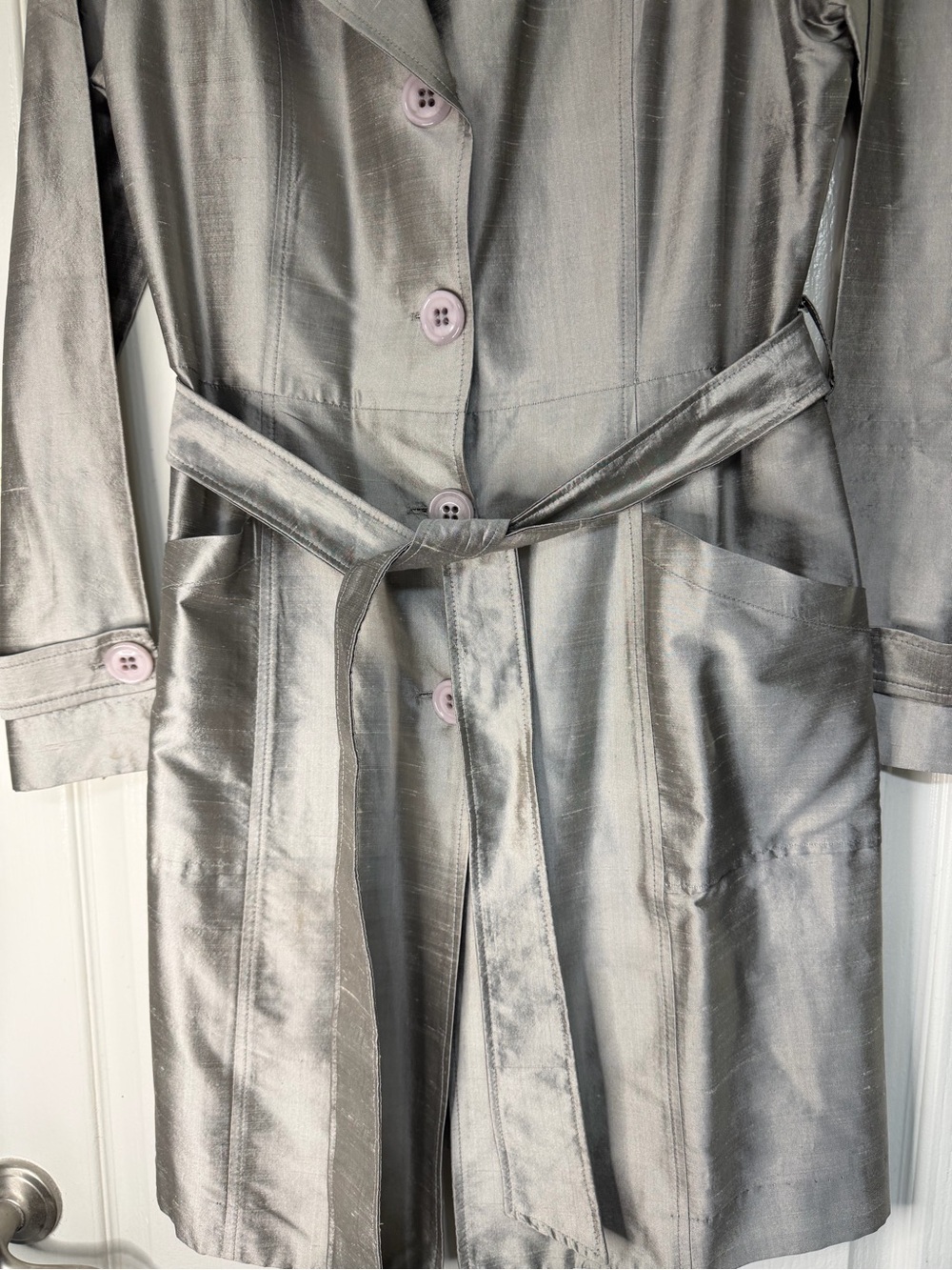Vintage Silk Dupioni Belted Trench Coat Sz L Silver Taupe Shimmer Made in USA - Picture 5 of 10